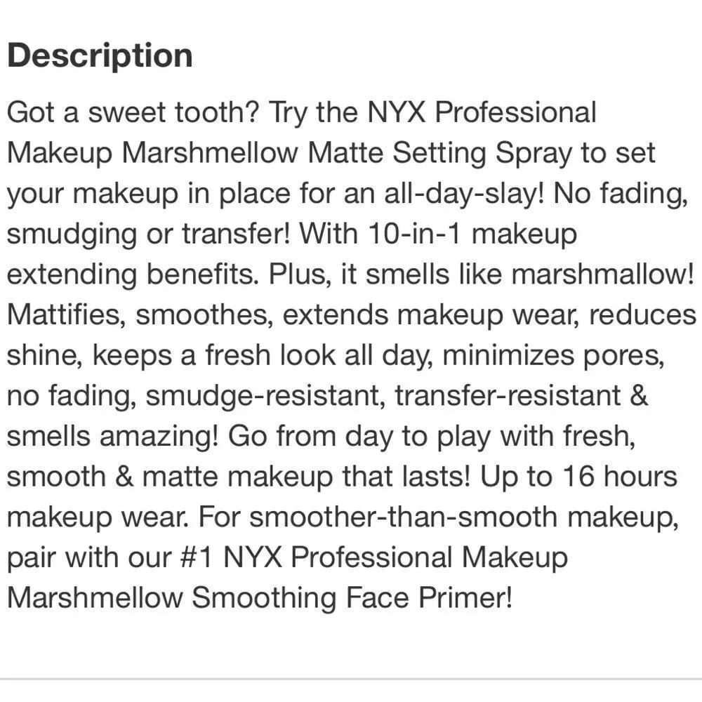 🦋NYX Long Lasting Matte Setting Spray Marshmallow Scented New Full Size